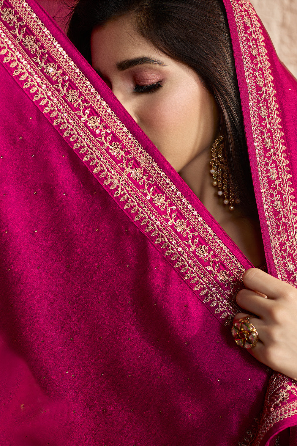 Fuchsia Pink Colour Zari Embroidered Silk Unstitched Suit Material