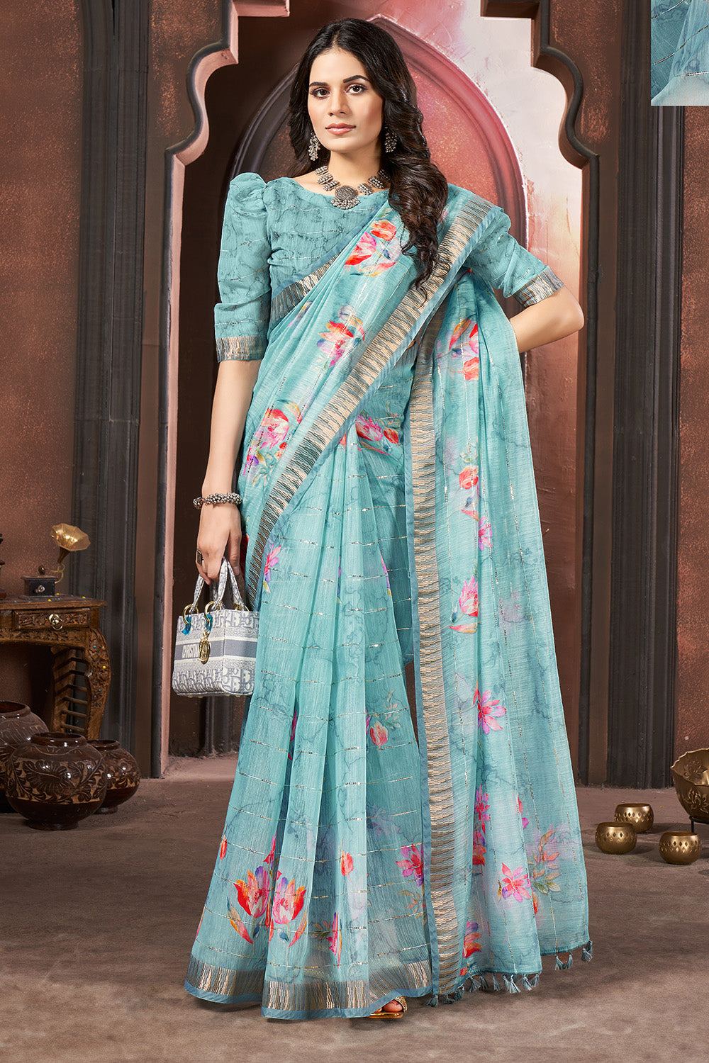 Turquoise Color Cotton Floral Printed Saree
