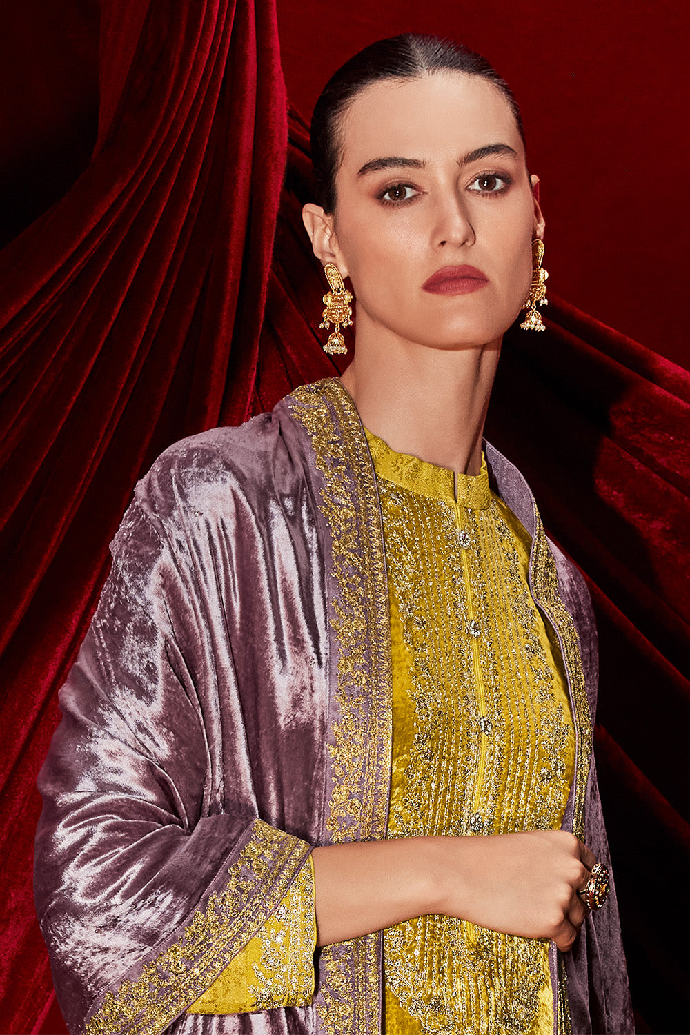 Lemon Color Velvet & Brocade Silk Dual-Fabric Designed Unstitched Suit Material