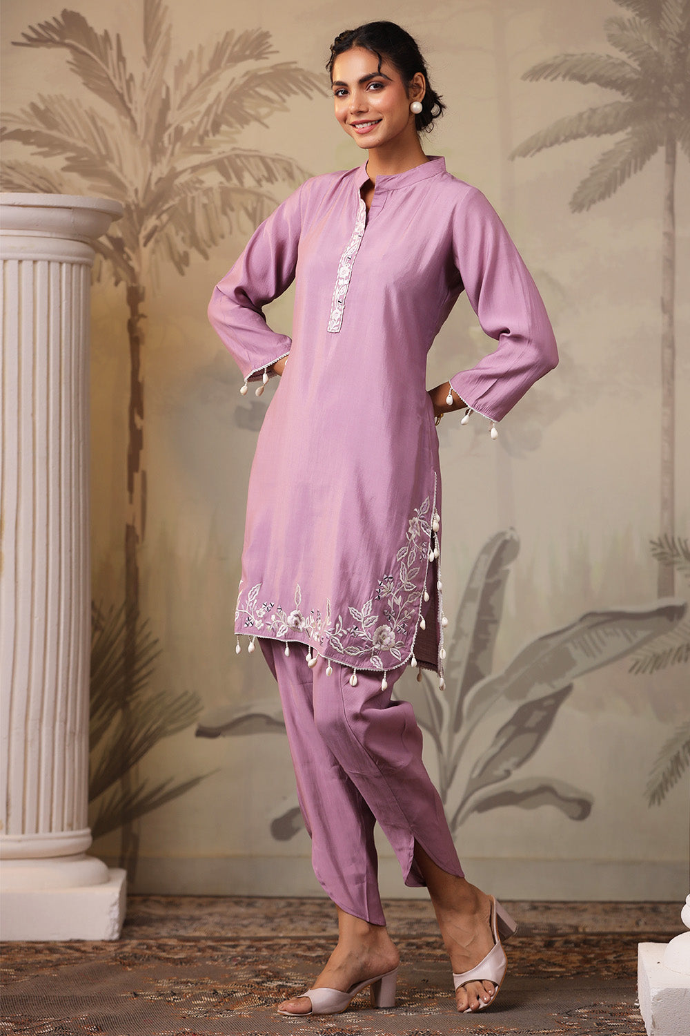 Light Mauve Solid Color Muslin Kurta Set