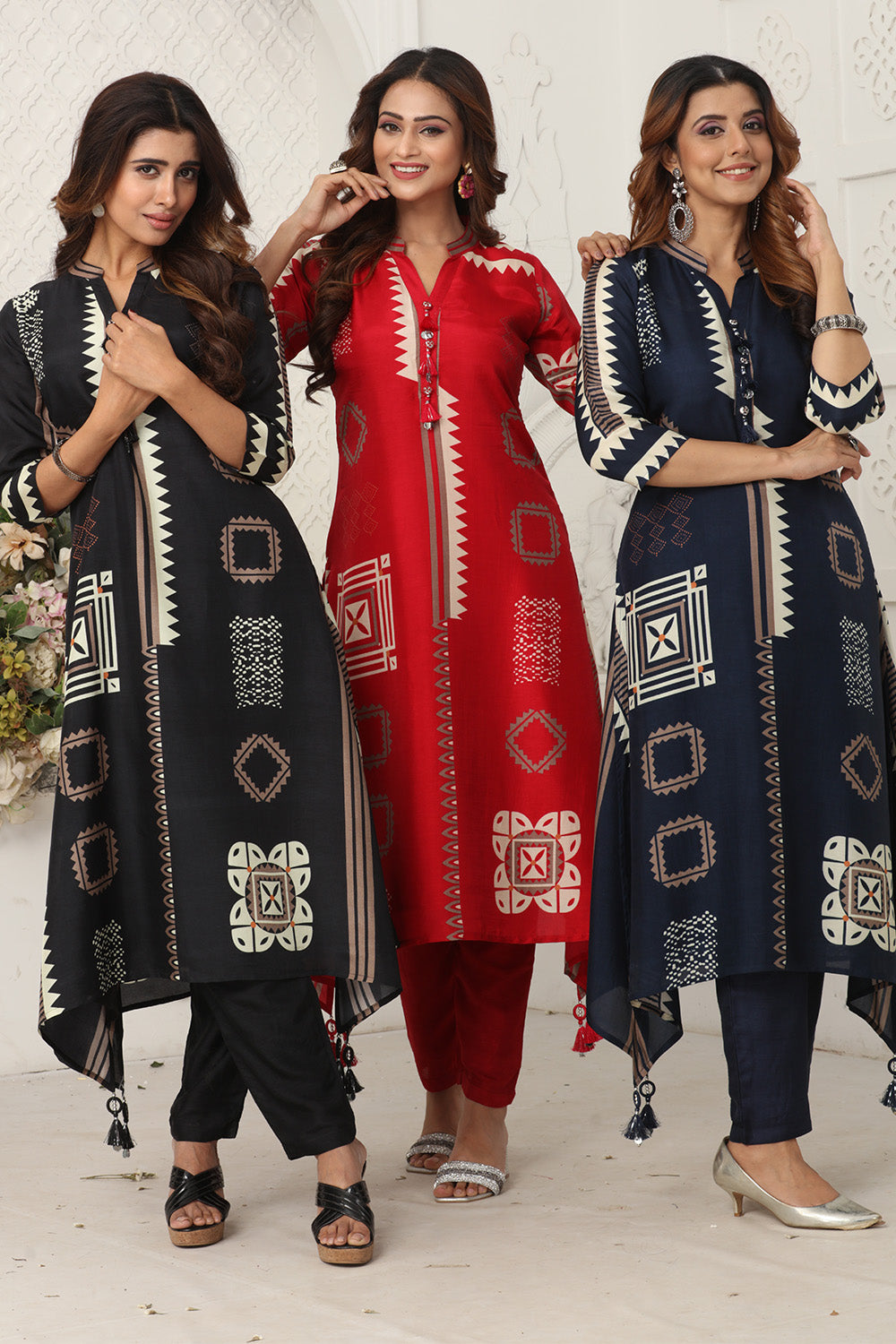 Navy Color Crepe Silk Printed Long Kurta Set