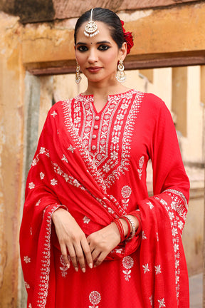 Coral Red Color Rayon Embroidered Suit