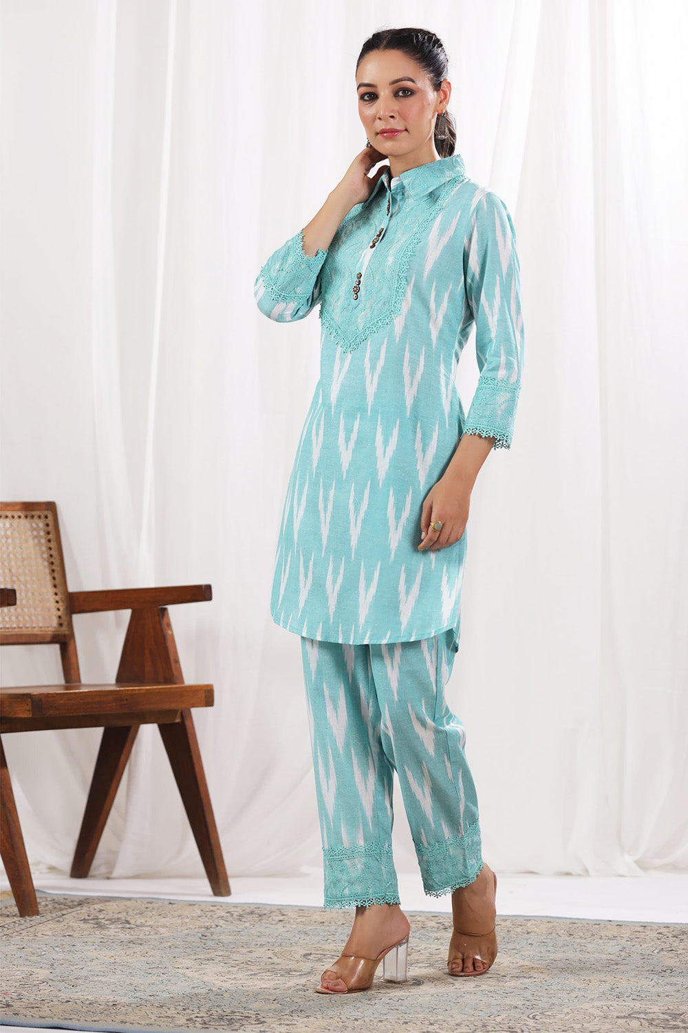 Mint Green Color Khadi Cotton Lace Work Kurta Set