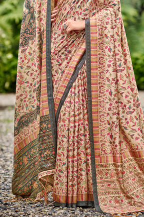 Beige Colour Floral Printed Pashmina Saree With Matching Shawl