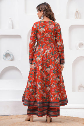 Maroon Color Floral Printed Cotton Anarkali Suit With Palazzo