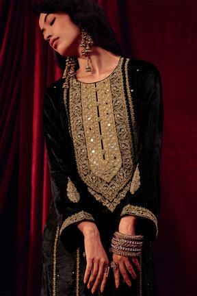 Black Color Zari Embroidered Velvet Unstitched Suit Fabric