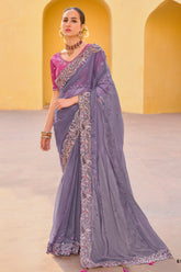 Cyber Grape color Color Tissue Fabric Embroidered Saree