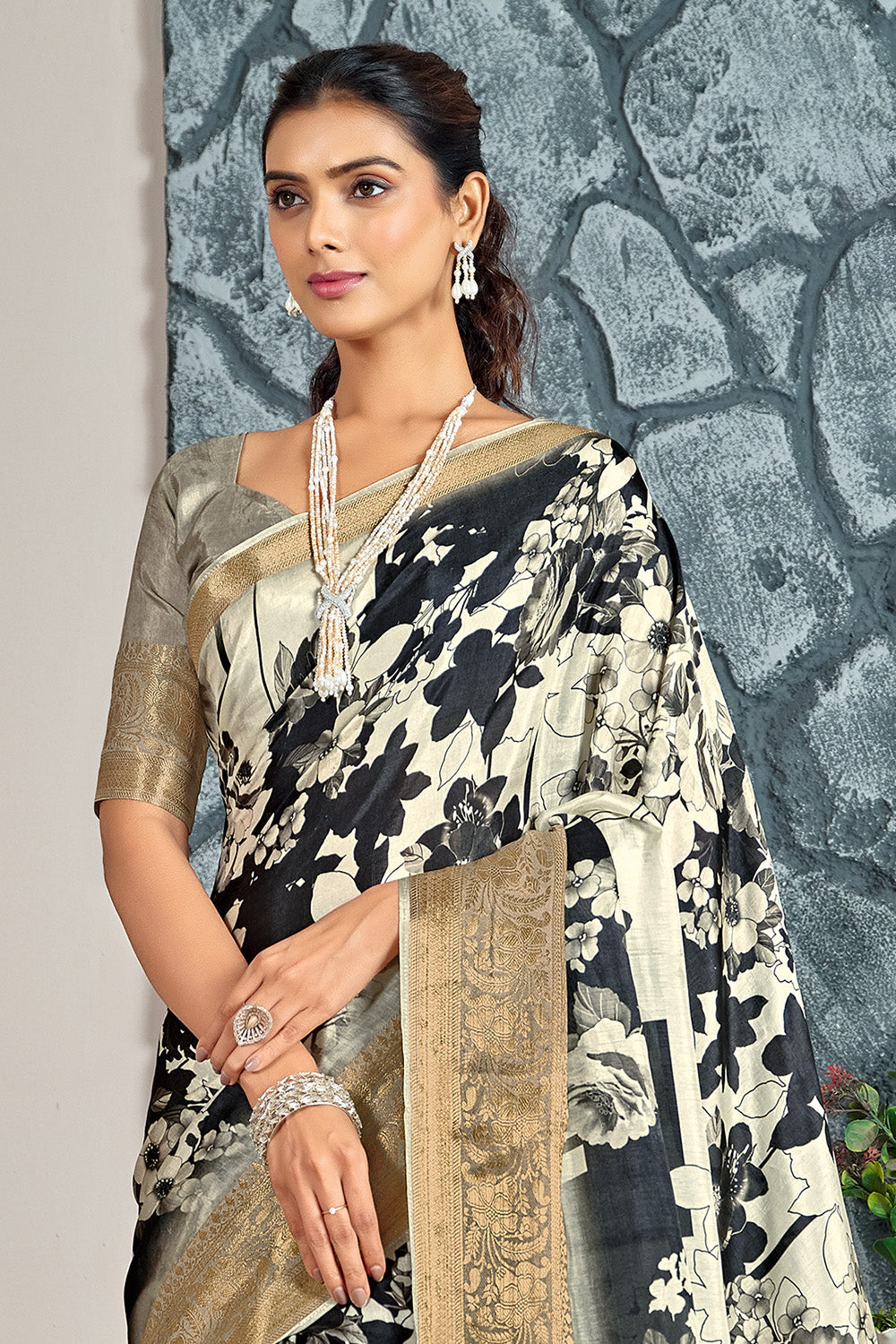 White And Black Color Printed & Woven Modal Silk Saree