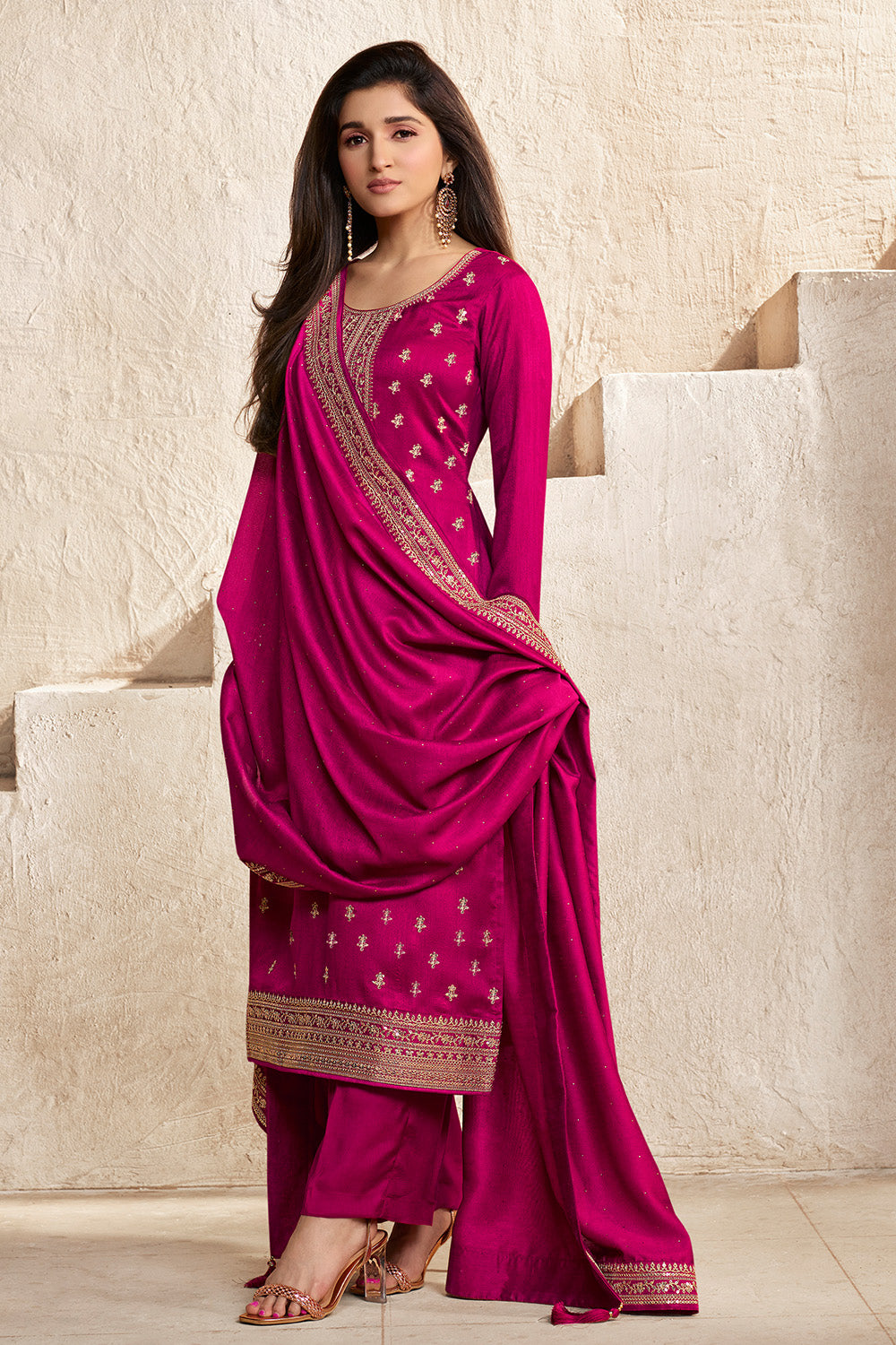 Fuchsia Pink Colour Zari Embroidered Silk Unstitched Suit Material
