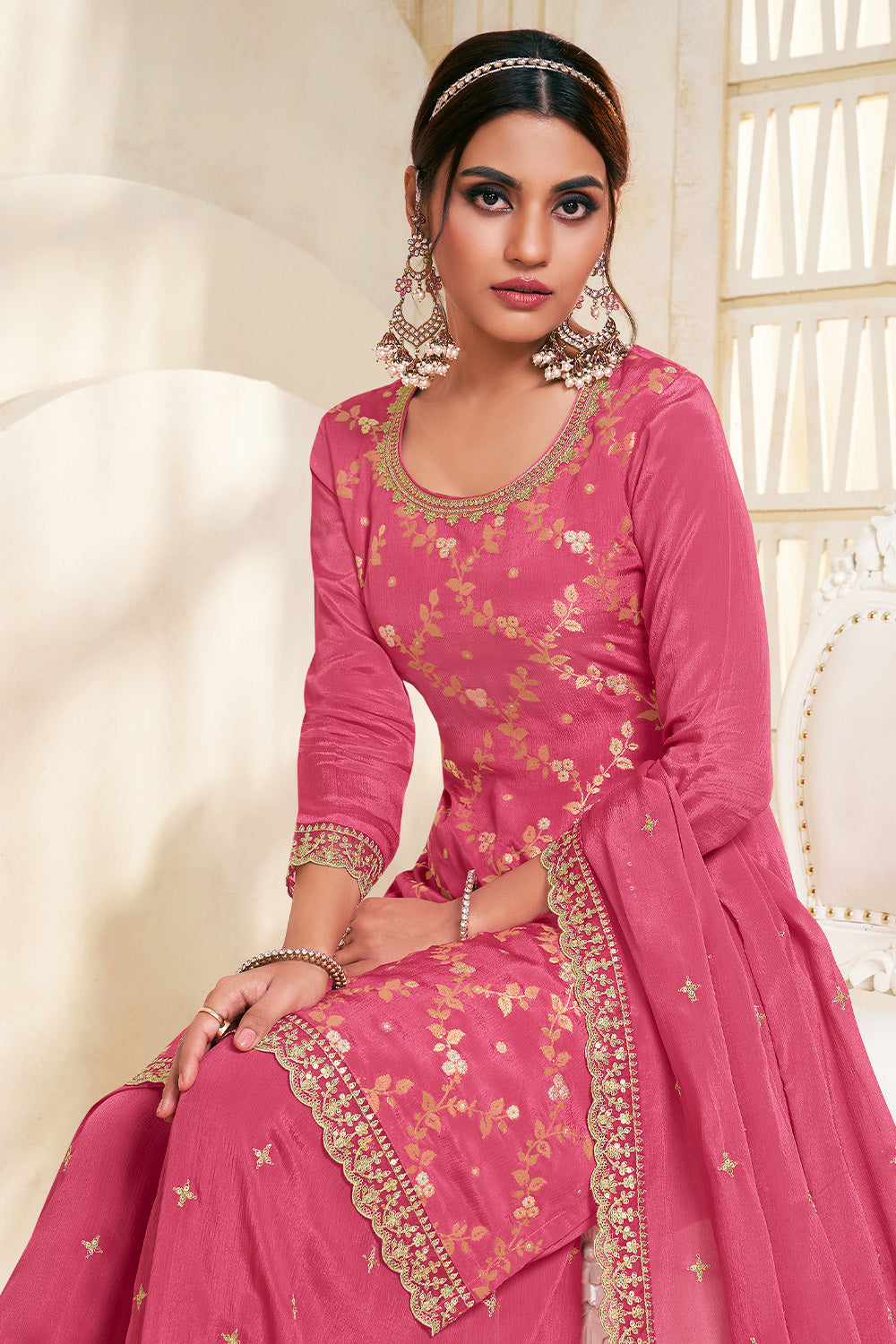 Tulip Pink Color Crepe Woven Suit With Sharara