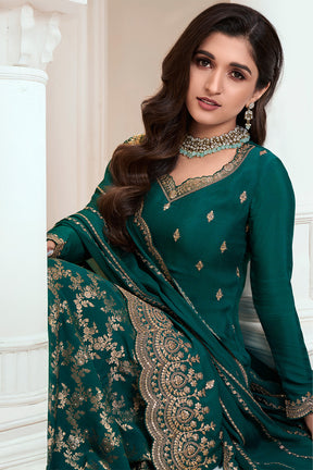 Bottle Green Color Georgette Embroidered Unstitched Suit Material With Readymade Woven Palazzo