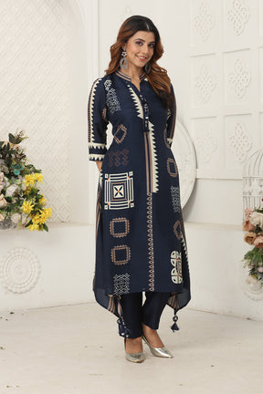 Navy Color Crepe Silk Printed Long Kurta Set