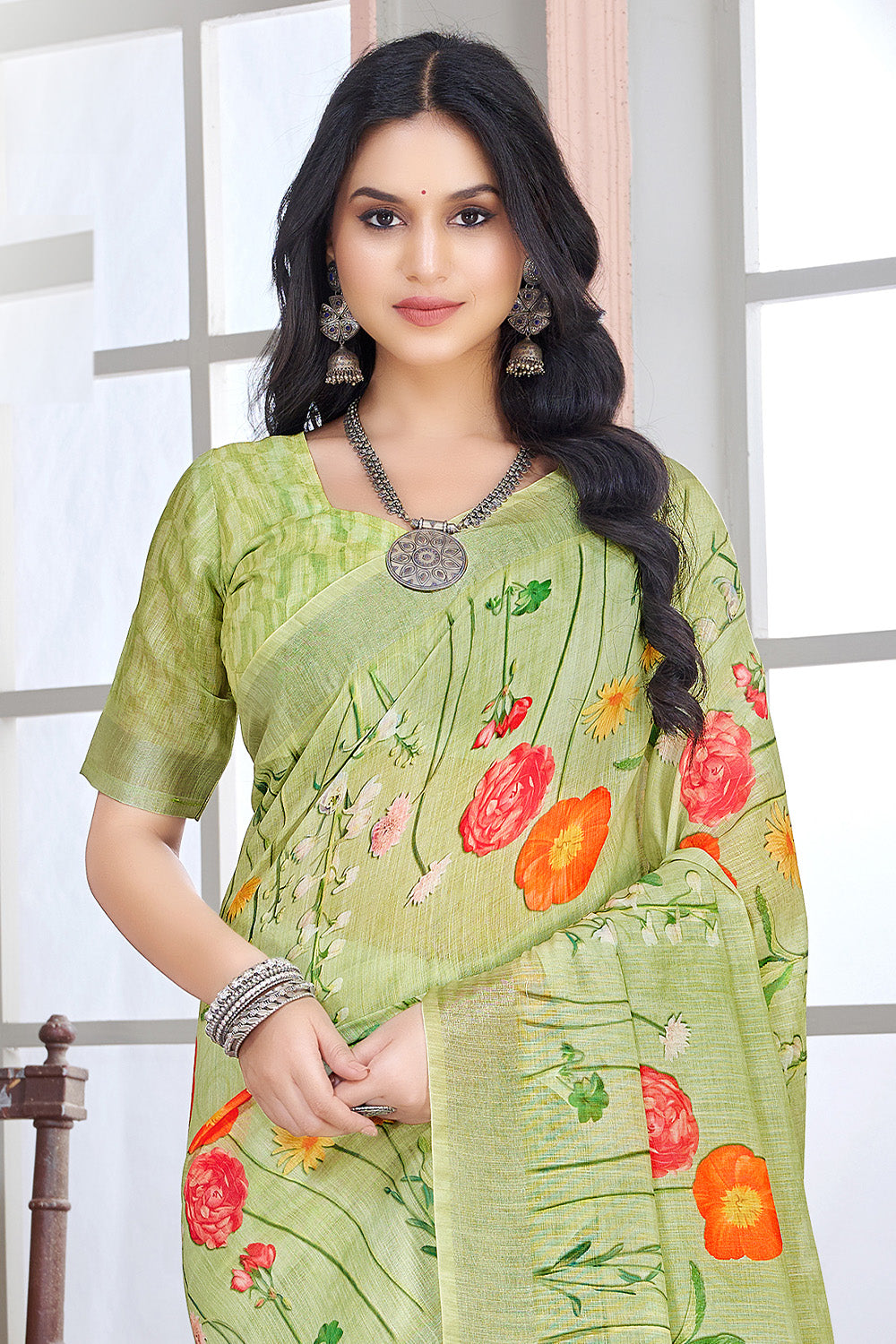 Green Color Cotton Printed Saree