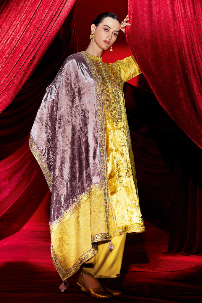 Lemon Color Velvet & Brocade Silk Dual-Fabric Designed Unstitched Suit Material