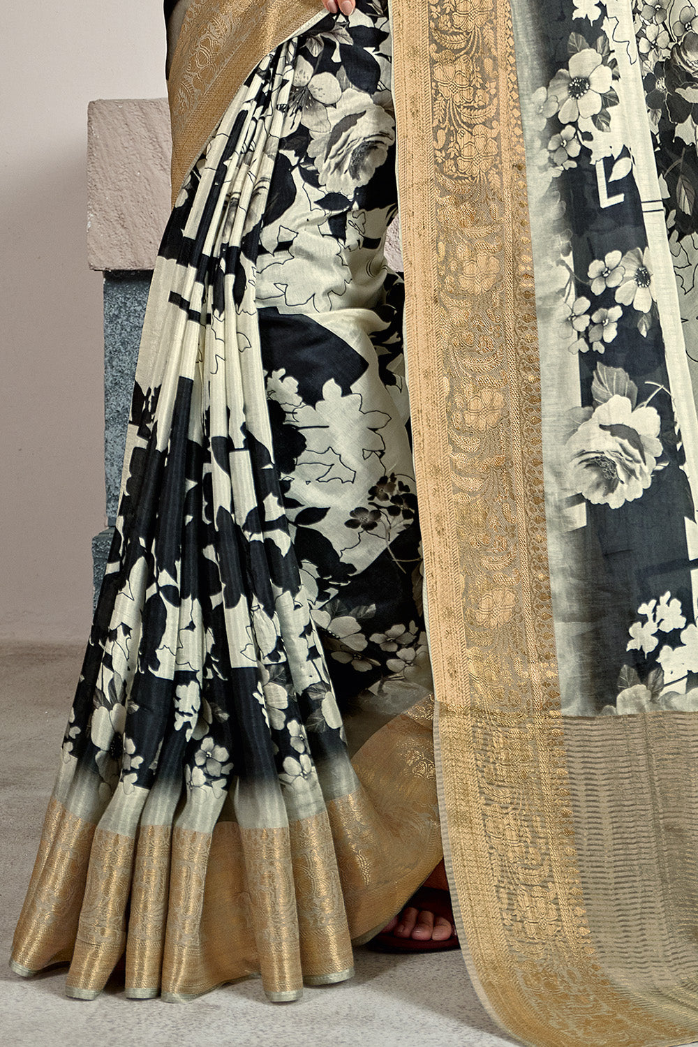 White And Black Color Printed & Woven Modal Silk Saree