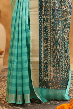 Turquoise Color Cotton Printed Saree