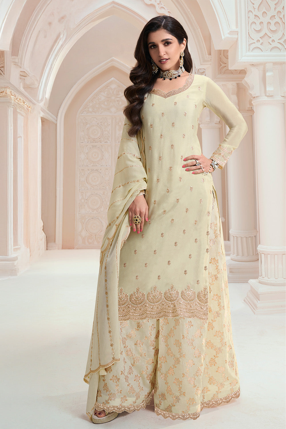 Cream Color Georgette Embroidered Unstitched Suit Material With Readymade Woven Palazzo