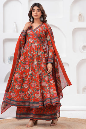 Maroon Color Floral Printed Cotton Anarkali Suit With Palazzo