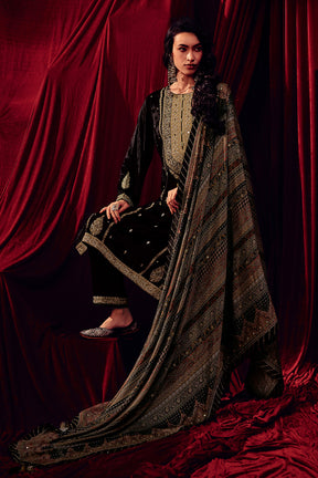 Black Color Zari Embroidered Velvet Unstitched Suit Fabric