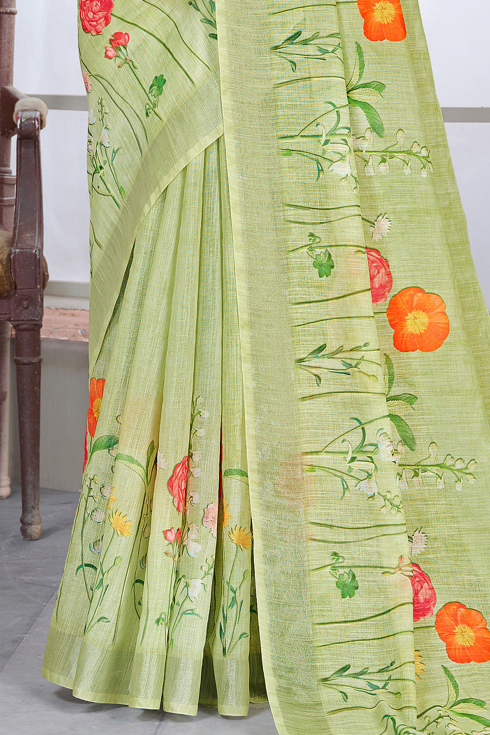 Green Color Cotton Printed Saree