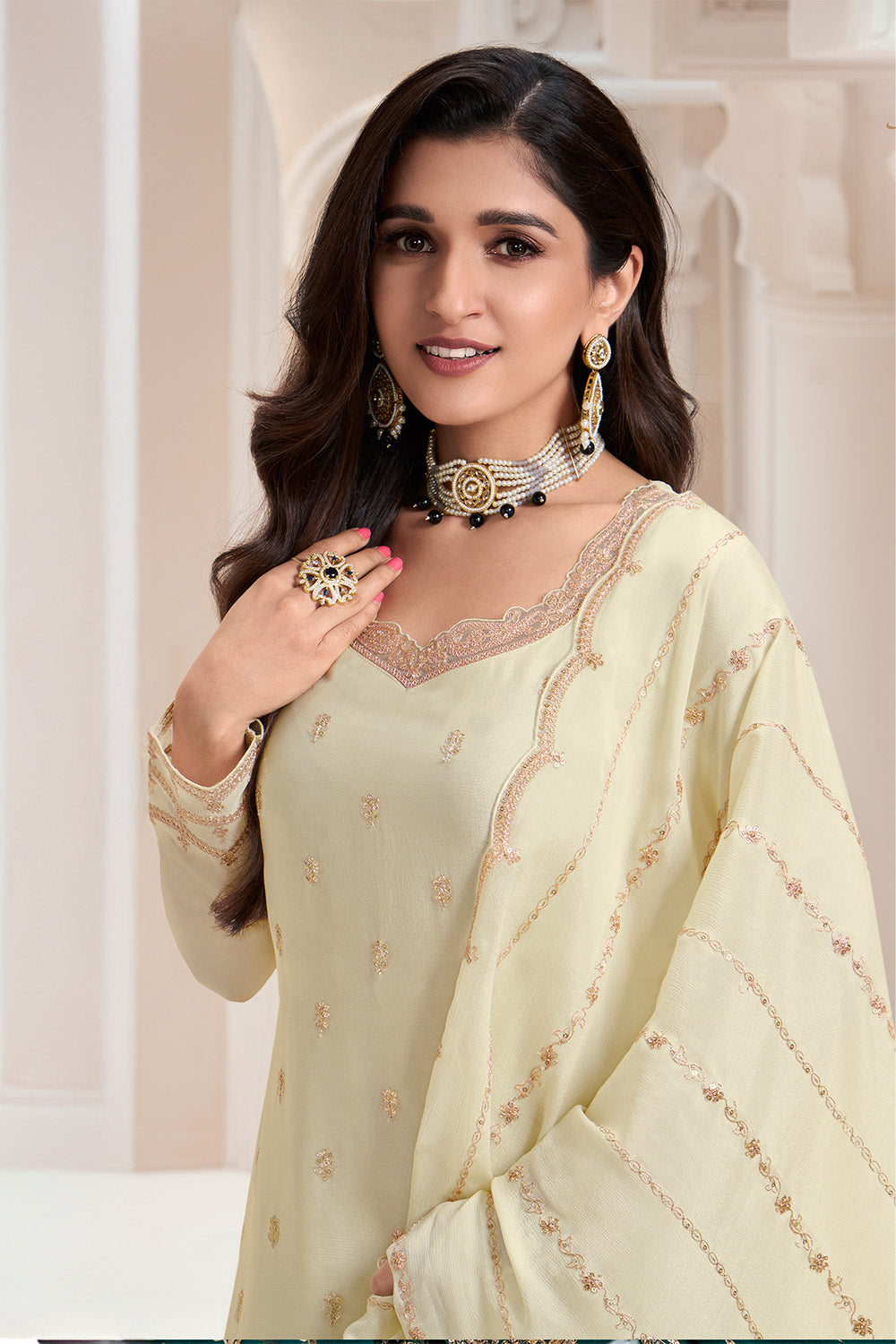 Cream Color Georgette Embroidered Unstitched Suit Material With Readymade Woven Palazzo