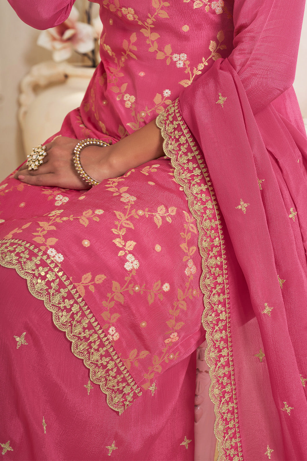 Tulip Pink Color Crepe Woven Suit With Sharara