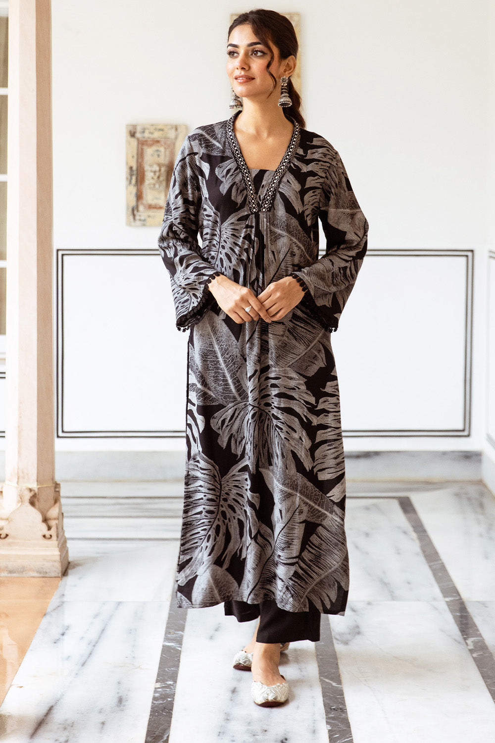 Black Color Muslin Printed Long Kurta Set