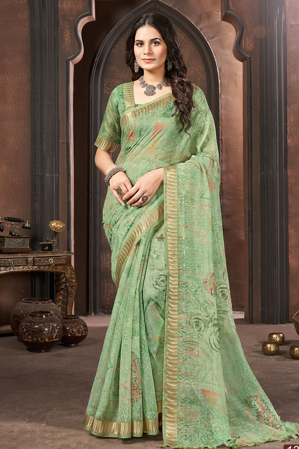 Green Color Cotton Floral Printed Saree