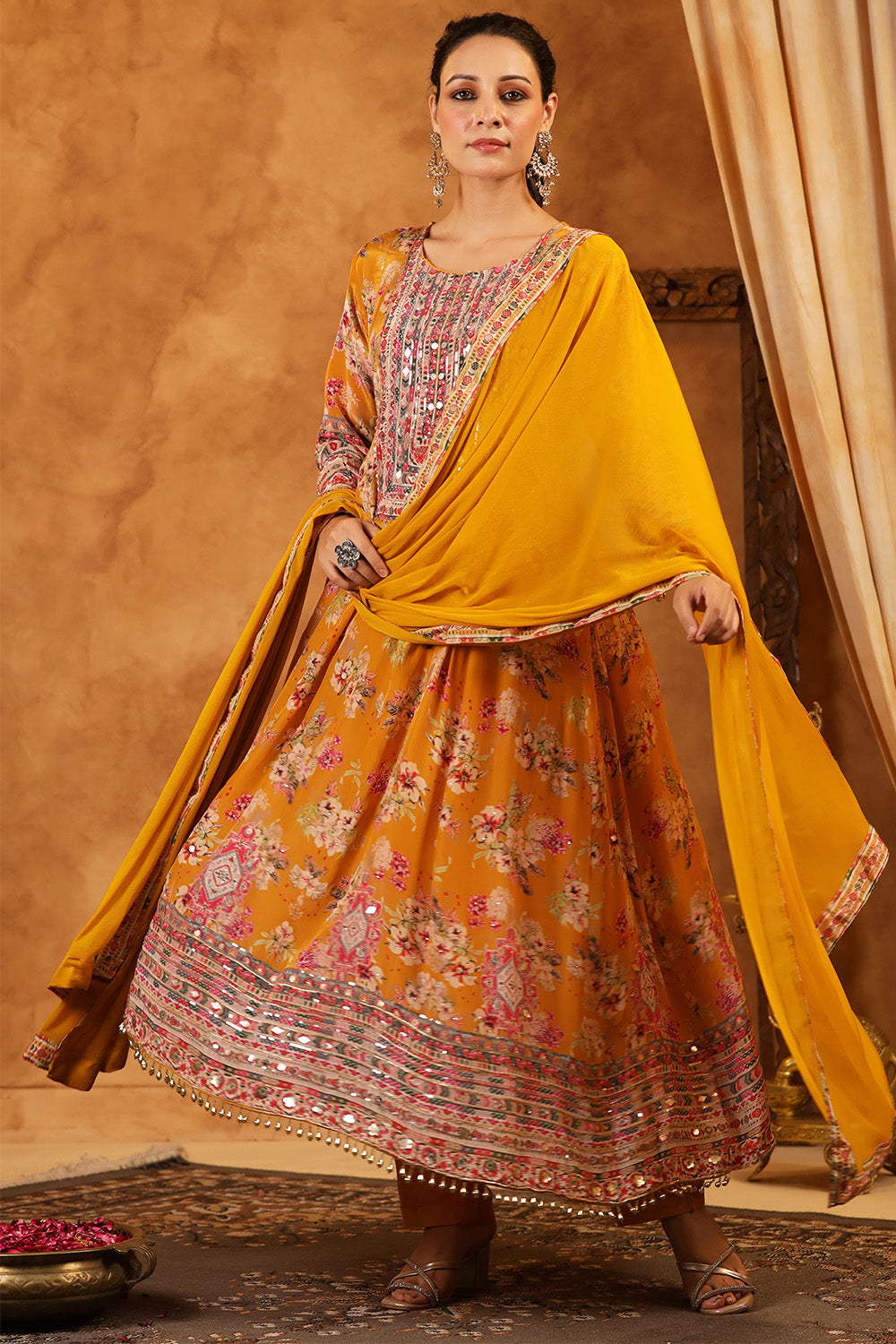 Mustard Color Crepe Silk Embordered & Printed Anarkali Suit