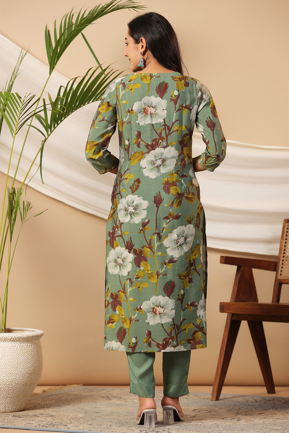 Sage Green Color  Muslin Floral Printed Kurta Set