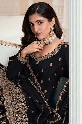 Black Color Georgette Embroidered Unstitched Suit Material With Readymade Woven Palazzo