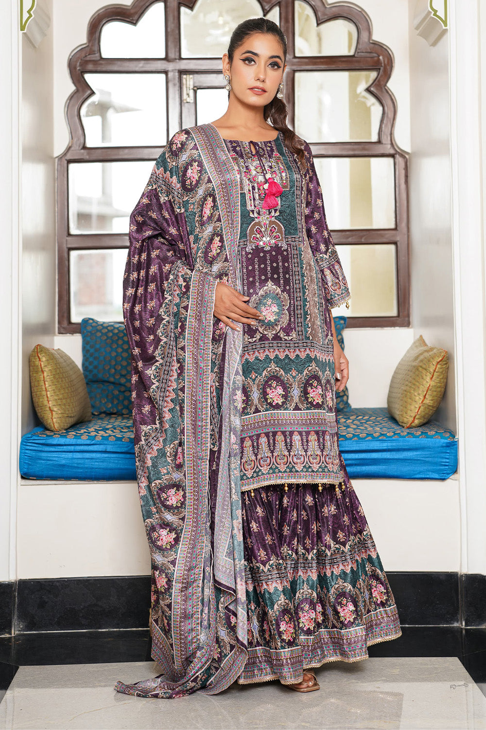 Purple Color Crepe Printed Suit With Gharara