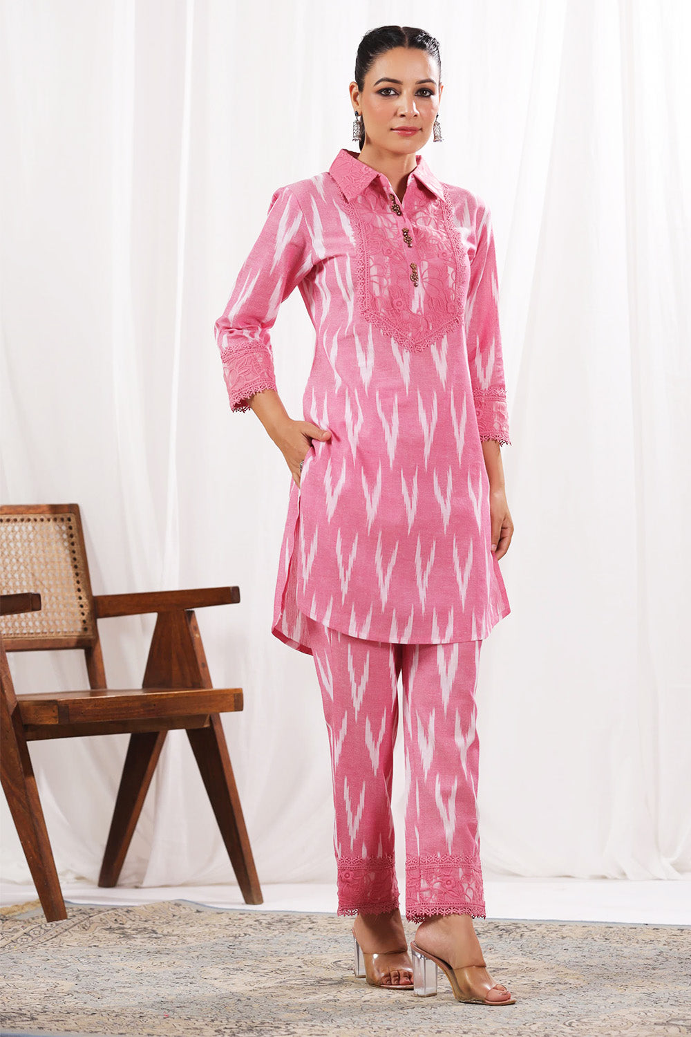 Pink Color Khadi Cotton Lace Work Kurta Set