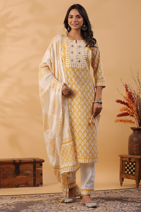 Mustard Color Printed Cotton Straight Suti