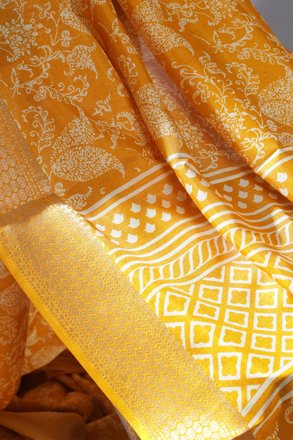 Mustard Color Cotton Printed Saree With Stunning Woven Border