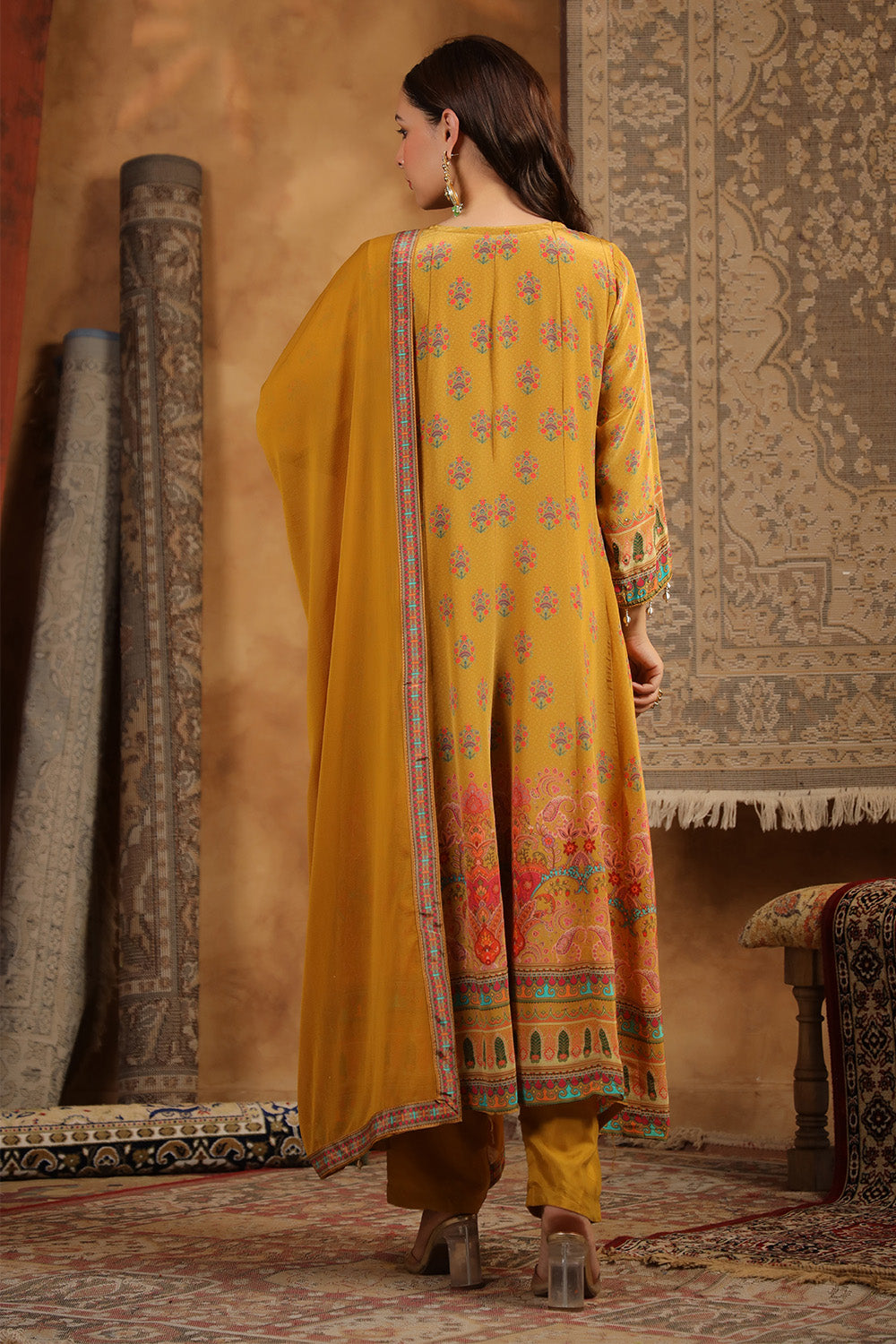 Mustard Color Crepe Silk Printed & Mirror Work Anarkali Suit