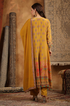 Mustard Color Crepe Silk Printed & Mirror Work Anarkali Suit