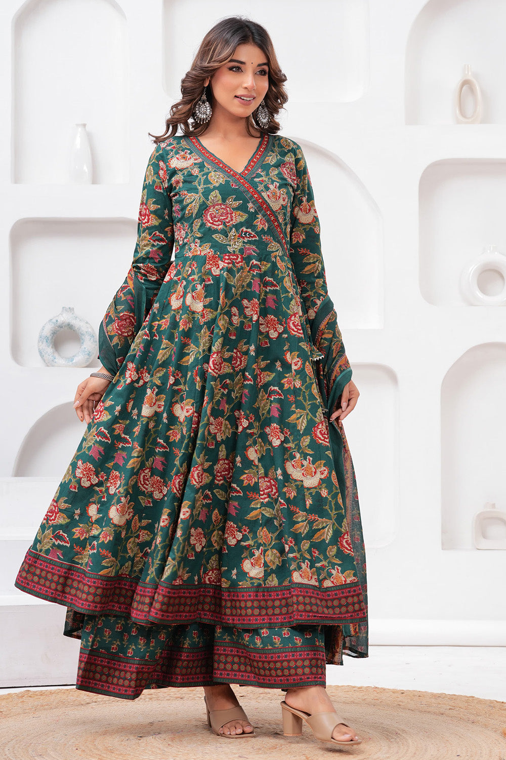 Green Color Floral Printed Cotton Anarkali Suit With Palazzo