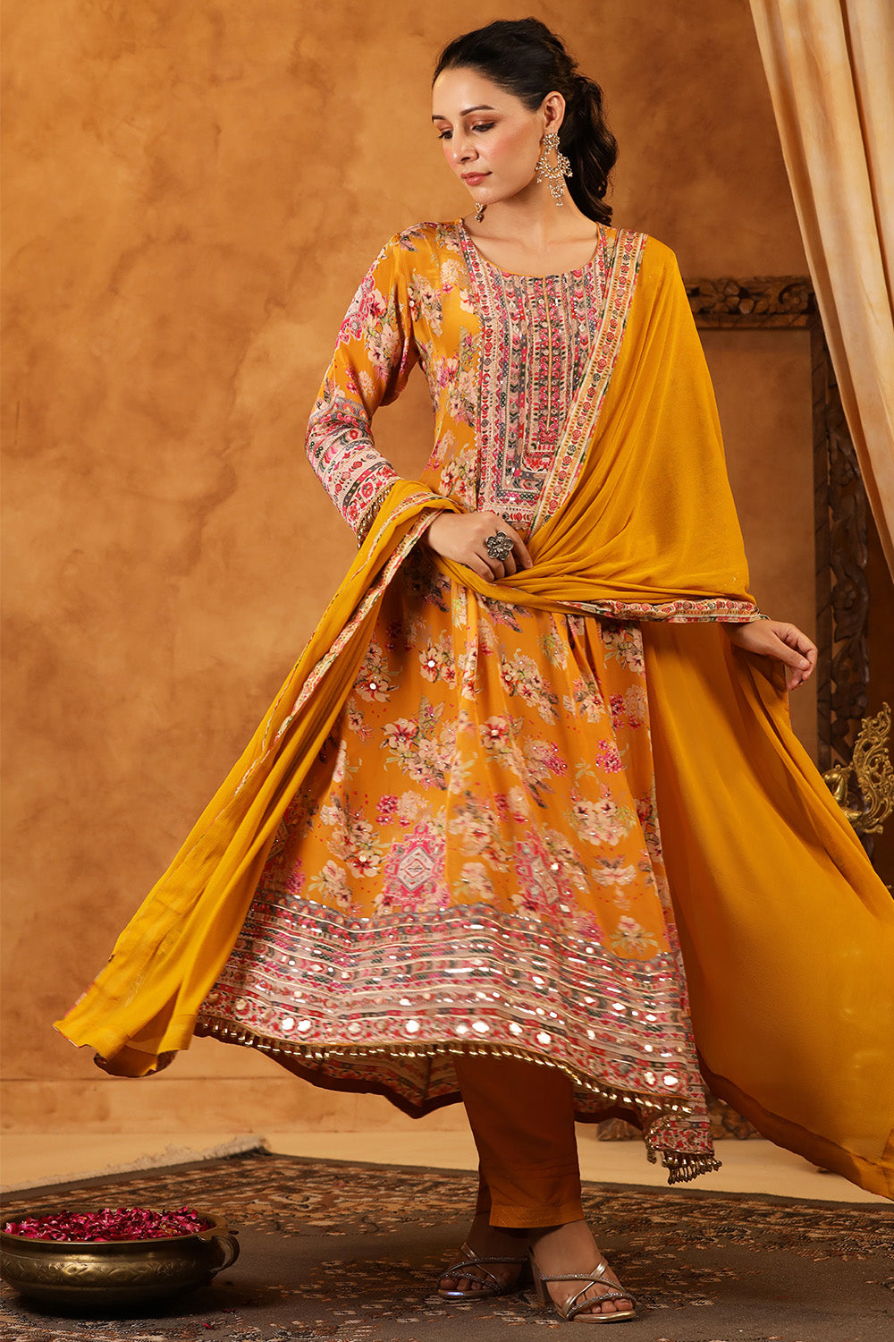 Mustard Color Crepe Silk Embordered & Printed Anarkali Suit