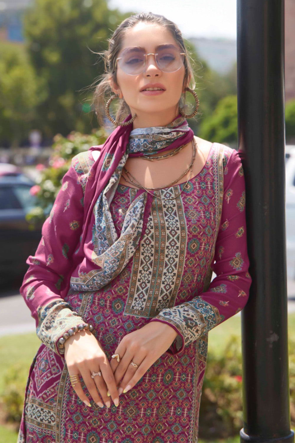 Dark Mauve Color Pashmina Printed Unstitched Suit Material