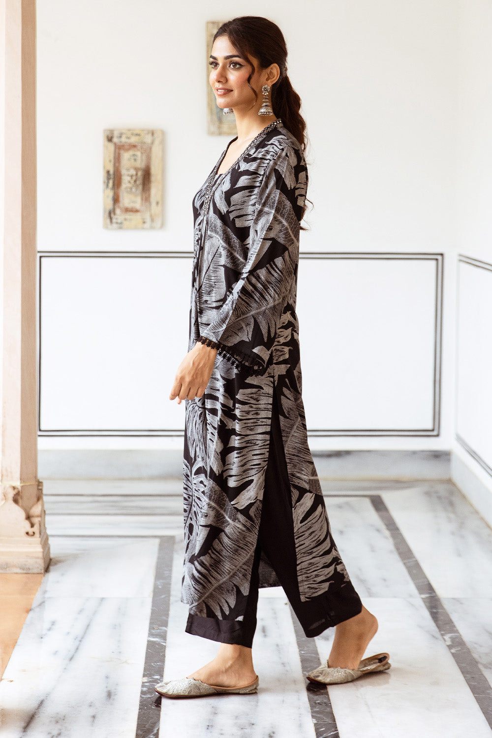 Black Color Muslin Printed Long Kurta Set