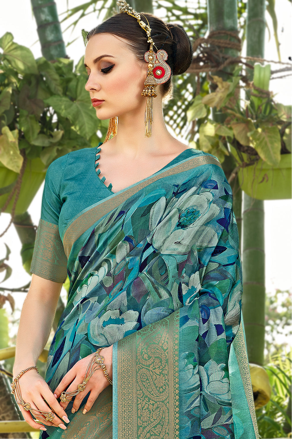 Deep Aqua Color Modal Silk Printed & Woven Saree