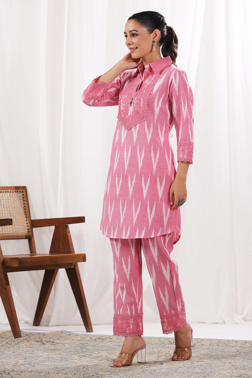 Pink Color Khadi Cotton Lace Work Kurta Set