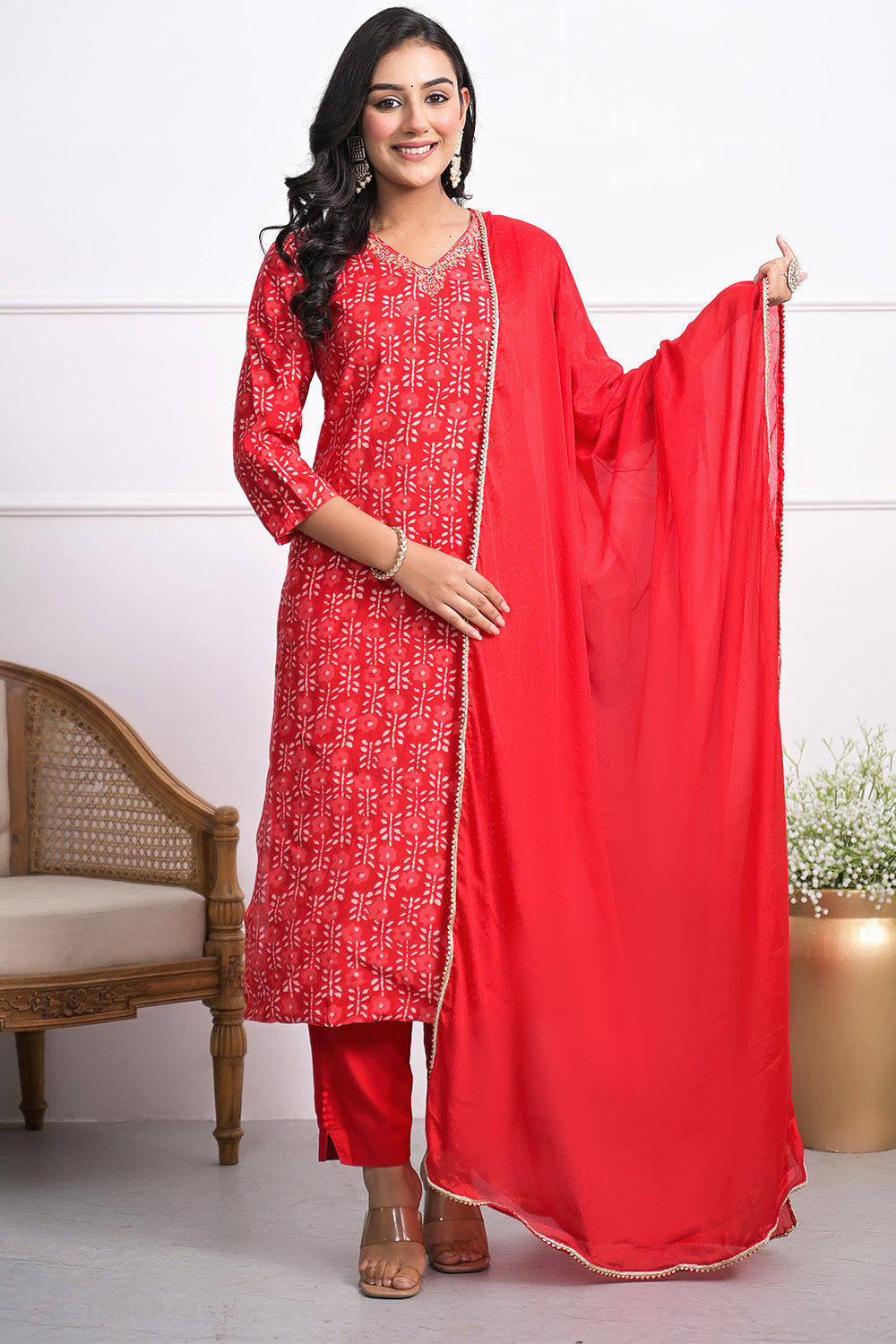 Red Color Muslin Block Printed Straight suit