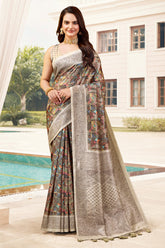 Beige & Grey Color Cotton Silk Printed Saree