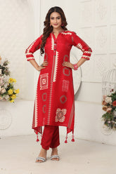 Cardinal Red Color Crepe Silk Printed Long Kurta Set