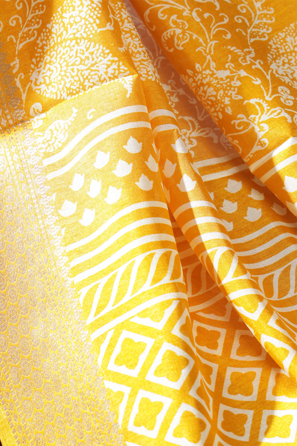 Mustard Color Cotton Printed Saree With Stunning Woven Border