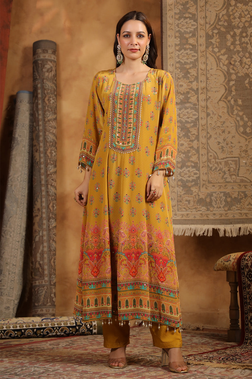 Mustard Color Crepe Silk Printed & Mirror Work Anarkali Suit