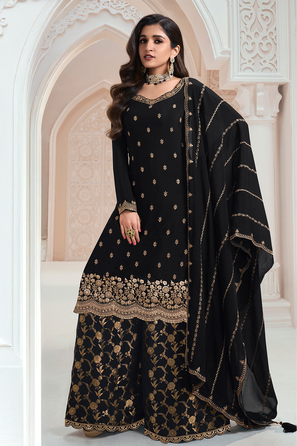 Black Color Georgette Embroidered Unstitched Suit Material With Readymade Woven Palazzo