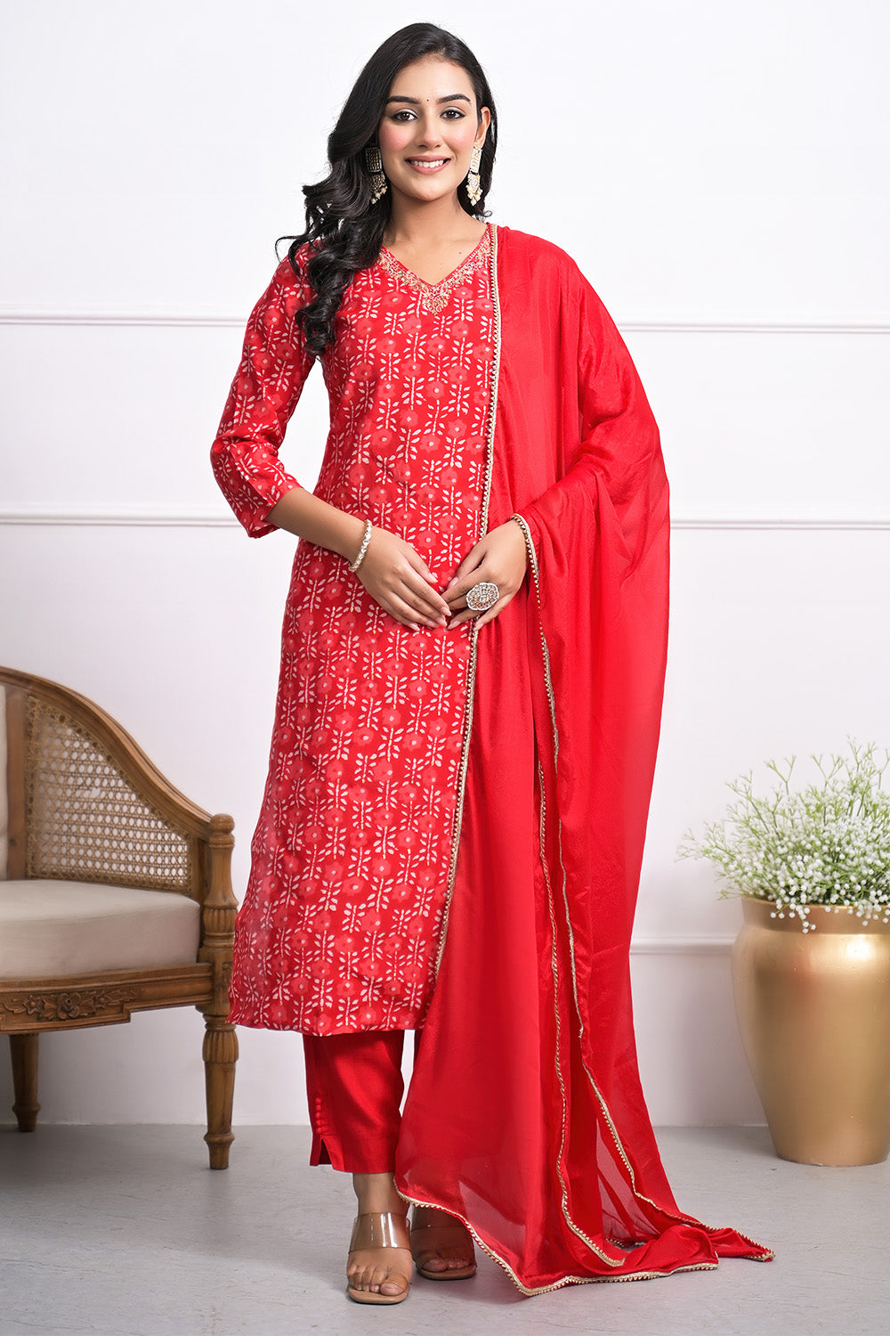 Red Color Muslin Block Printed Straight suit